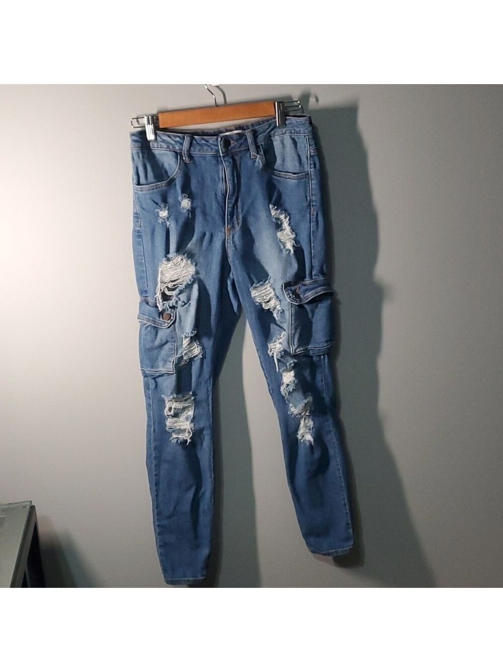 AP BLUE by Aphrodite Cargo Jeans Womens Size 13 Blue Destroyed Cargo Comfy